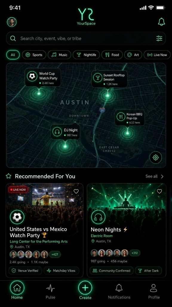 YourSpace home map for Austin with crowd energy pins on the map and a recommended venues feed.