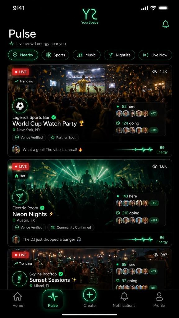 YourSpace Pulse screen: live crowd energy feed with venue cards, filters, and energy scores.